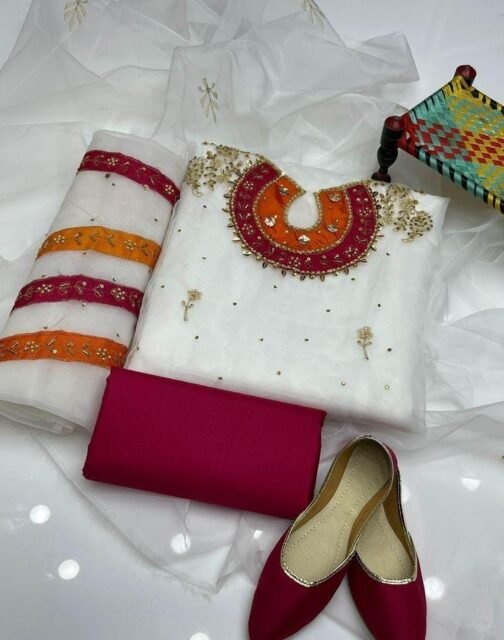 3 Pcs Unstitched Organza Embroidered Suit with Khussa – Traditional Elegant Outfit for Women