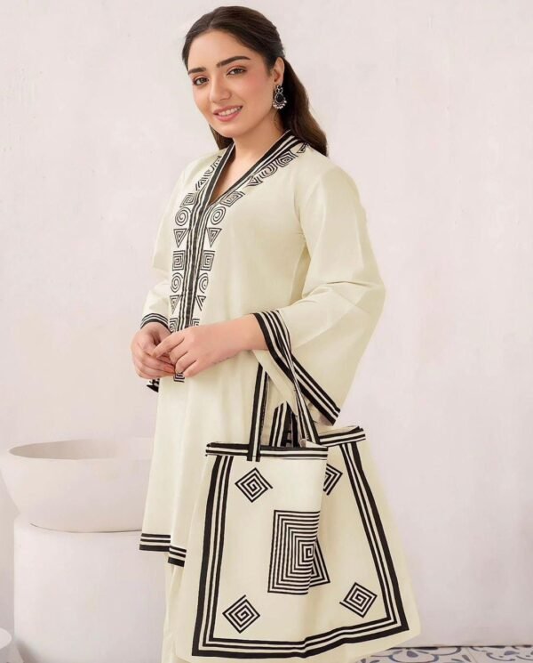 3 Pcs Women’s Stitched Linen Printed Suit With Handbag - Image 7