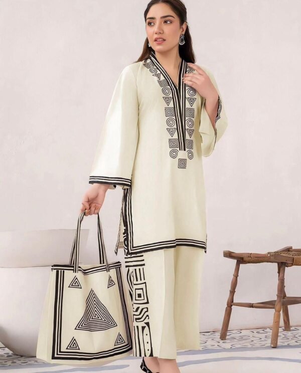 3 Pcs Women’s Stitched Linen Printed Suit With Handbag - Image 9