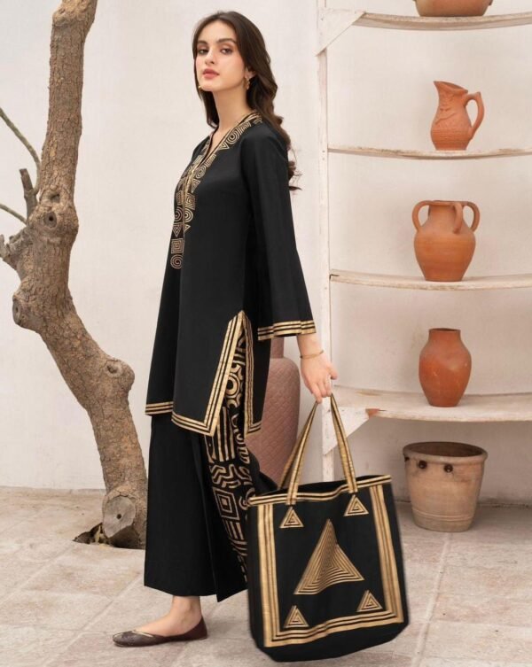 3 Pcs Women’s Stitched Linen Printed Suit With Handbag - Image 16