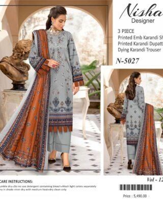 Nisha Designer 3 Pcs Unstitched Karandi Printed Suit