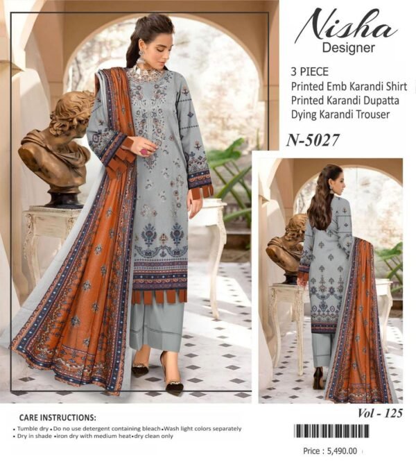 Nisha Designer 3 Pcs Unstitched Karandi Printed Suit