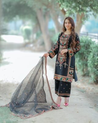 Heavy Embroidery 3Pc Silk Shirt Trouser & Organza Dupatta Set
