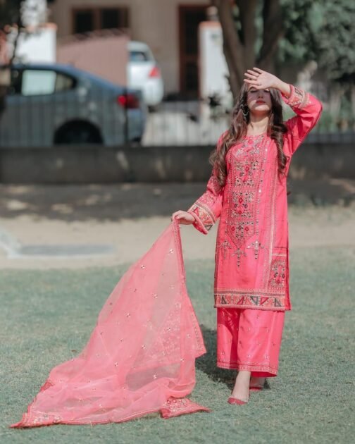 Heavy Embroidery 3Pc Silk Shirt Trouser & Organza Dupatta Set - Image 5