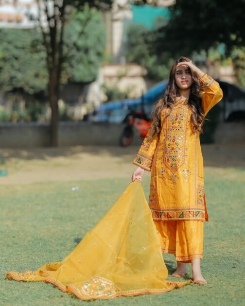 Heavy Embroidery 3Pc Silk Shirt Trouser & Organza Dupatta Set - Image 9