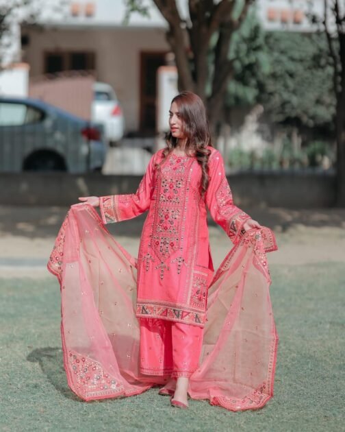 Heavy Embroidery 3Pc Silk Shirt Trouser & Organza Dupatta Set - Image 6