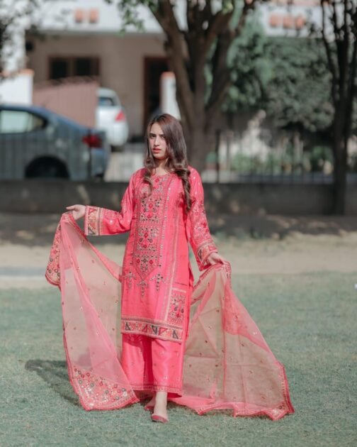 Heavy Embroidery 3Pc Silk Shirt Trouser & Organza Dupatta Set - Image 7