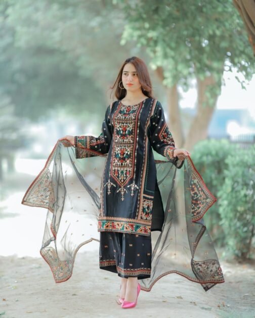 Heavy Embroidery 3Pc Silk Shirt Trouser & Organza Dupatta Set - Image 3