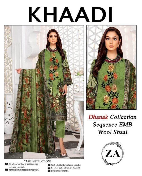 3 Pcs Unstitched Dhanak Printed Embroidered Suit