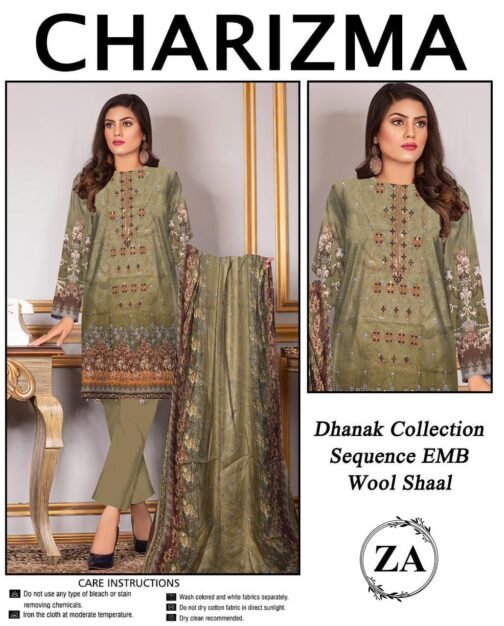 3 Pcs Women’s Unstitched Dhanak Printed Embroidered Suit