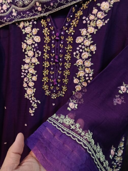 2pc Brand Quality Bamber Chiffon Embroidered Shirt and Dupatta - Image 2