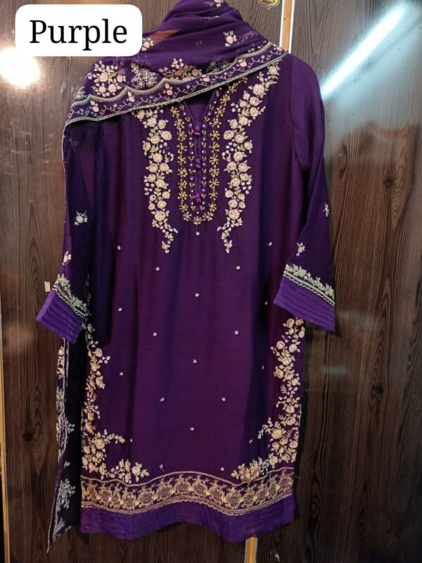 2pc Brand Quality Bamber Chiffon Embroidered Shirt and Dupatta - Image 3