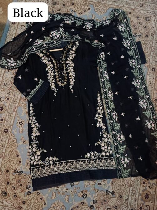 2pc Brand Quality Bamber Chiffon Embroidered Shirt and Dupatta - Image 7
