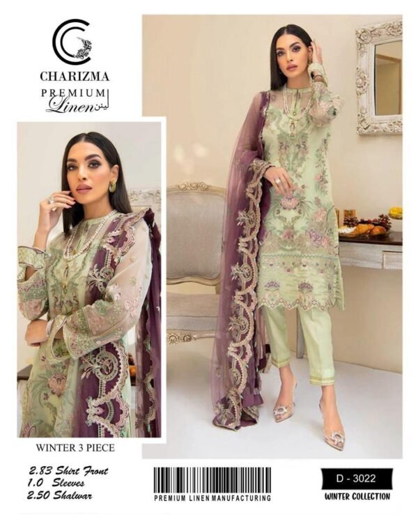 Charizma 3 Pcs Unstitched Premium Linen Embroidered Suit