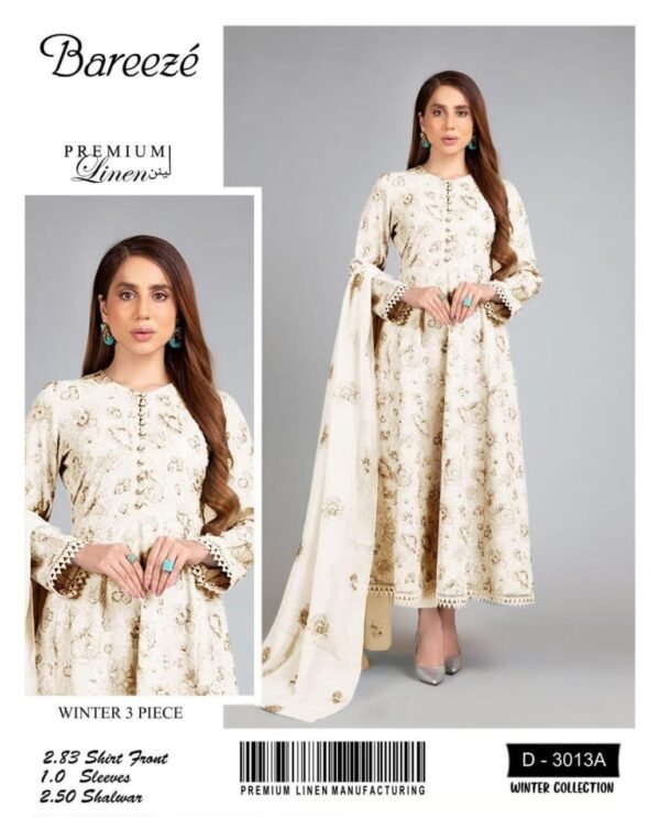 Bareeze 3 Pcs Premium Unstitched Linen Embroidered Suit - Timeless Elegance