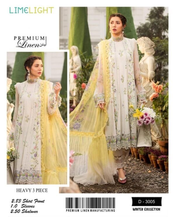 Lime Light Premium 3-Piece Unstitched Linen Embroidered Suit - Ultimate Elegance