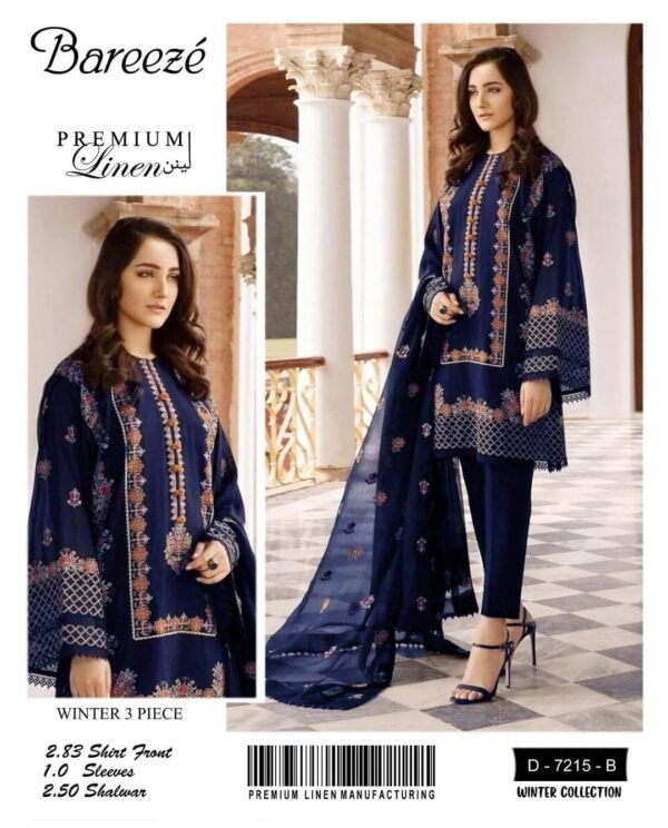 Bareeze 3 Pcs Unstitched Premium Linen Embroidered Suit