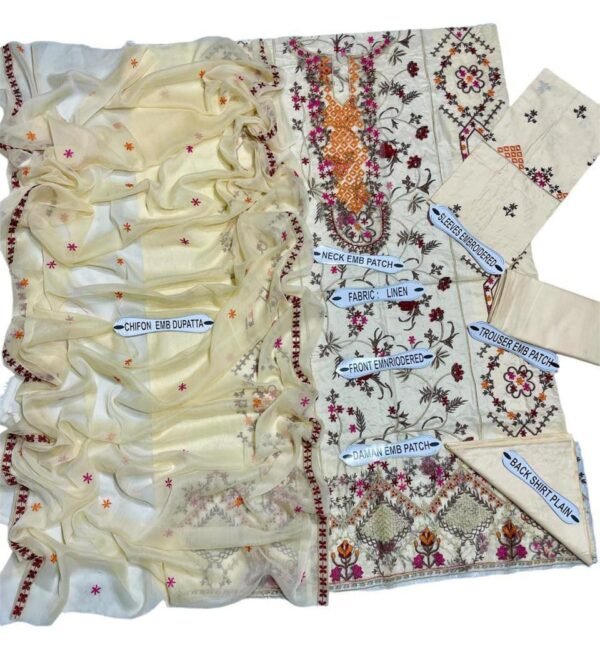 3 Pcs Unstitched Linen Embroidered Suit - Timeless Elegance - Image 2