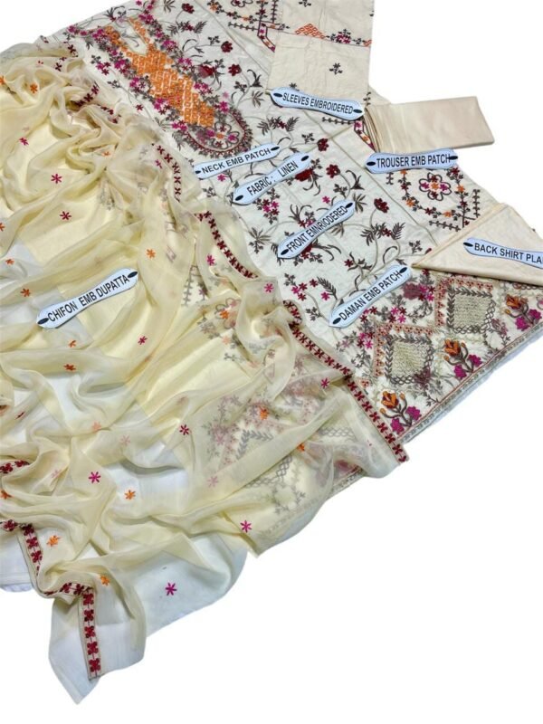 3 Pcs Unstitched Linen Embroidered Suit - Timeless Elegance - Image 3