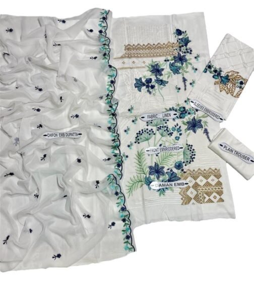 3 Pcs Unstitched Linen Embroidered Suit - Timeless Elegance - Image 3