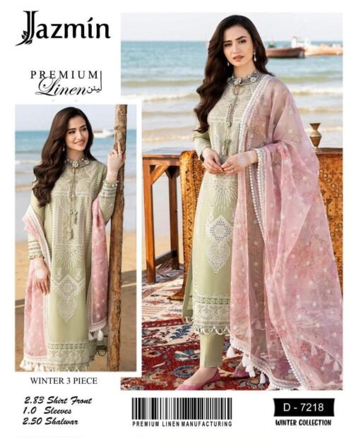 Jazmin 3 Pcs Unstitched Premium Linen Embroidered Suit
