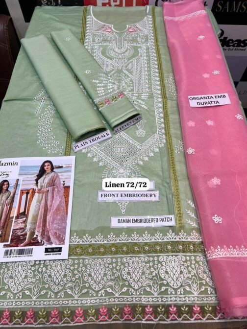 Jazmin 3 Pcs Unstitched Premium Linen Embroidered Suit - Image 3