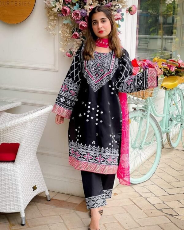 3pcs Embroidery Chunri Silk Mirror Work Suit - Image 13