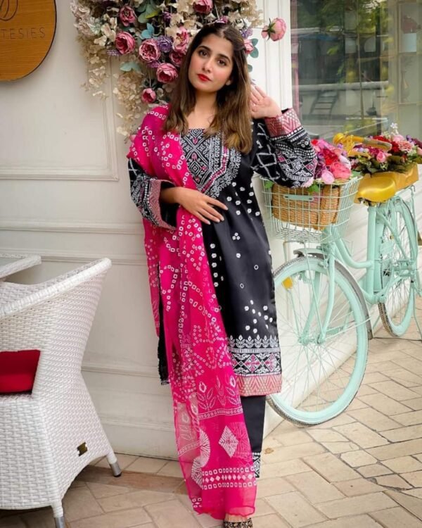 3pcs Embroidery Chunri Silk Mirror Work Suit - Image 15