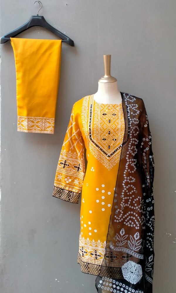 3pcs Embroidery Chunri Silk Mirror Work Suit - Image 2