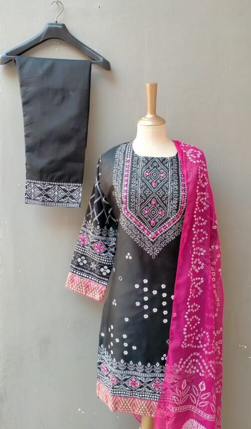 Stunning 3pcs Embroidery Chunri Silk Mirror Work Suit – Festive Elegance Redefined - Image 4