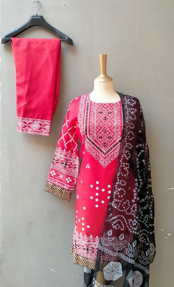 3pcs Embroidery Chunri Silk Mirror Work Suit - Image 3