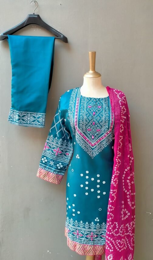 Stunning 3pcs Embroidery Chunri Silk Mirror Work Suit – Festive Elegance Redefined - Image 5