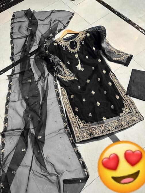 3pc Embroidery Mirror Work Organza Suit - Image 13