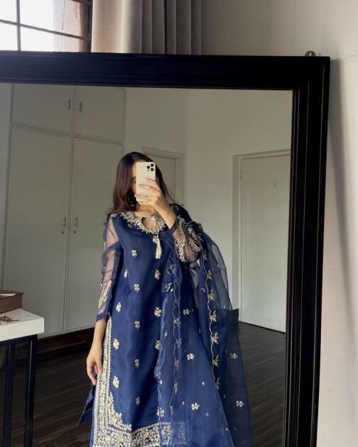 3pc Embroidery Mirror Work Organza Suit - Image 11