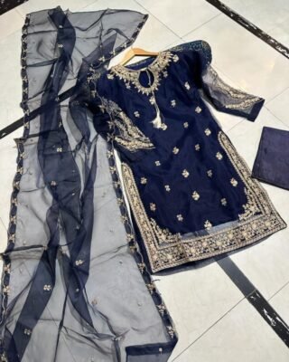 3pc Embroidery Mirror Work Organza Suit