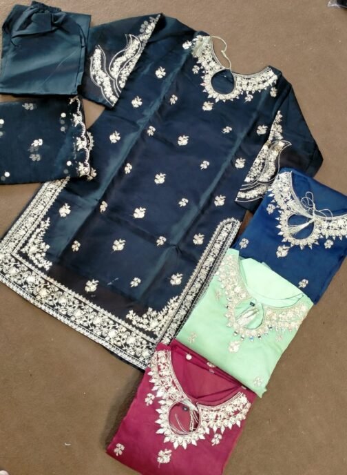 3pc Embroidery Mirror Work Organza Suit - Image 6
