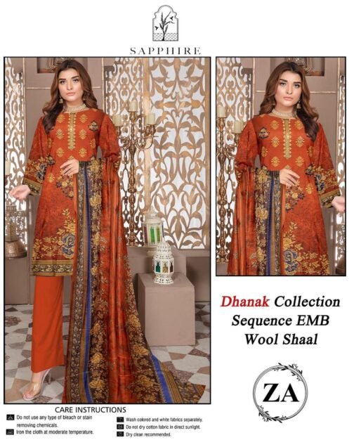3 Pcs Women’s Unstitched Dhanak Printed Embroidered Suit