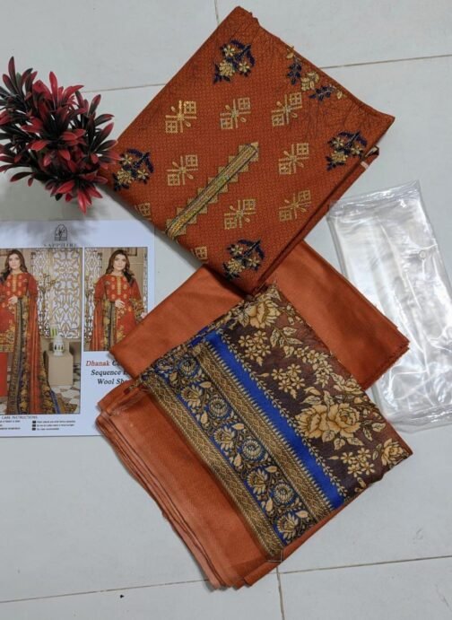 3 Pcs Women’s Unstitched Dhanak Printed Embroidered Suit - Image 2