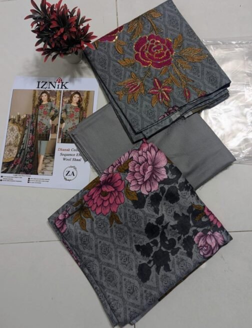 3 Pcs Women’s Unstitched Dhanak Printed Embroidered Suit - Image 2