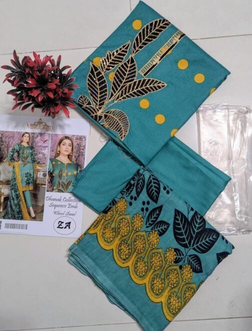 3 Pcs Women’s Unstitched Dhanak Printed Embroidered Suit - Image 2