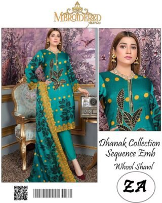 3 Pcs Women’s Unstitched Dhanak Printed Embroidered Suit