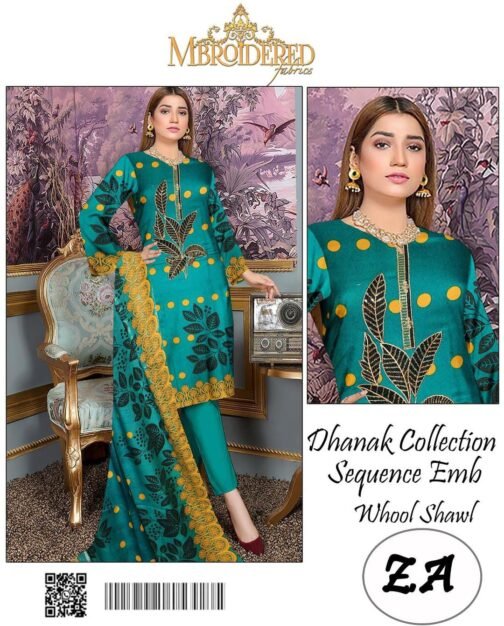3 Pcs Women’s Unstitched Dhanak Printed Embroidered Suit