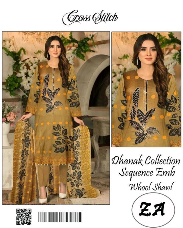 3 Pcs Women’s Unstitched Dhanak Printed Embroidered Suit