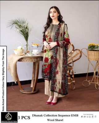 3 Pcs Women’s Unstitched Dhanak Printed Embroidered Suit - Pakistani Elegance