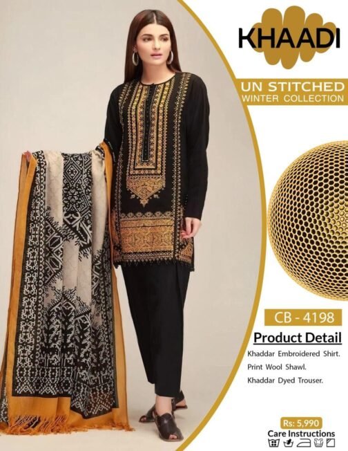 3 Pcs Unstitched Khaddar Printed Embroidered Suit