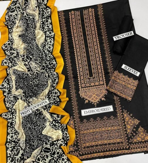 3 Pcs Unstitched Khaddar Printed Embroidered Suit - Image 2