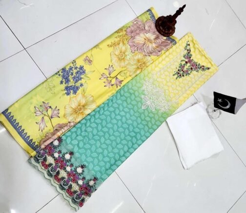 3 Pcs Dhanak Printed Embroidered Suit - Image 3