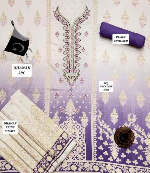 3 Pcs Unstitched Dhanak Printed Embroidered Suit - Image 2