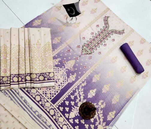 3 Pcs Unstitched Dhanak Printed Embroidered Suit - Image 3