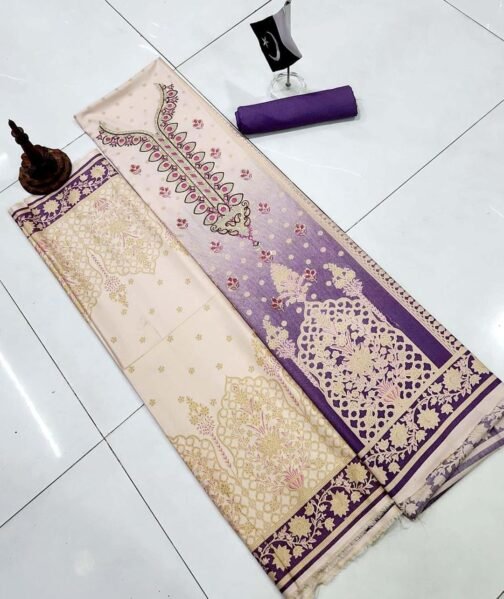 3 Pcs Unstitched Dhanak Printed Embroidered Suit - Image 4